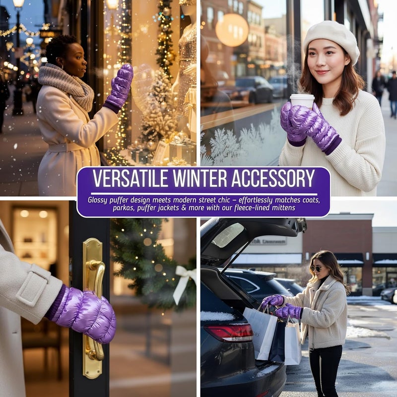 Funky Junque Women's Fleece Lined Puffer Mittens Gloves, Cold Weather Accessory for Ice Skating, Shiny Metallic Knit Cuff - Image 5